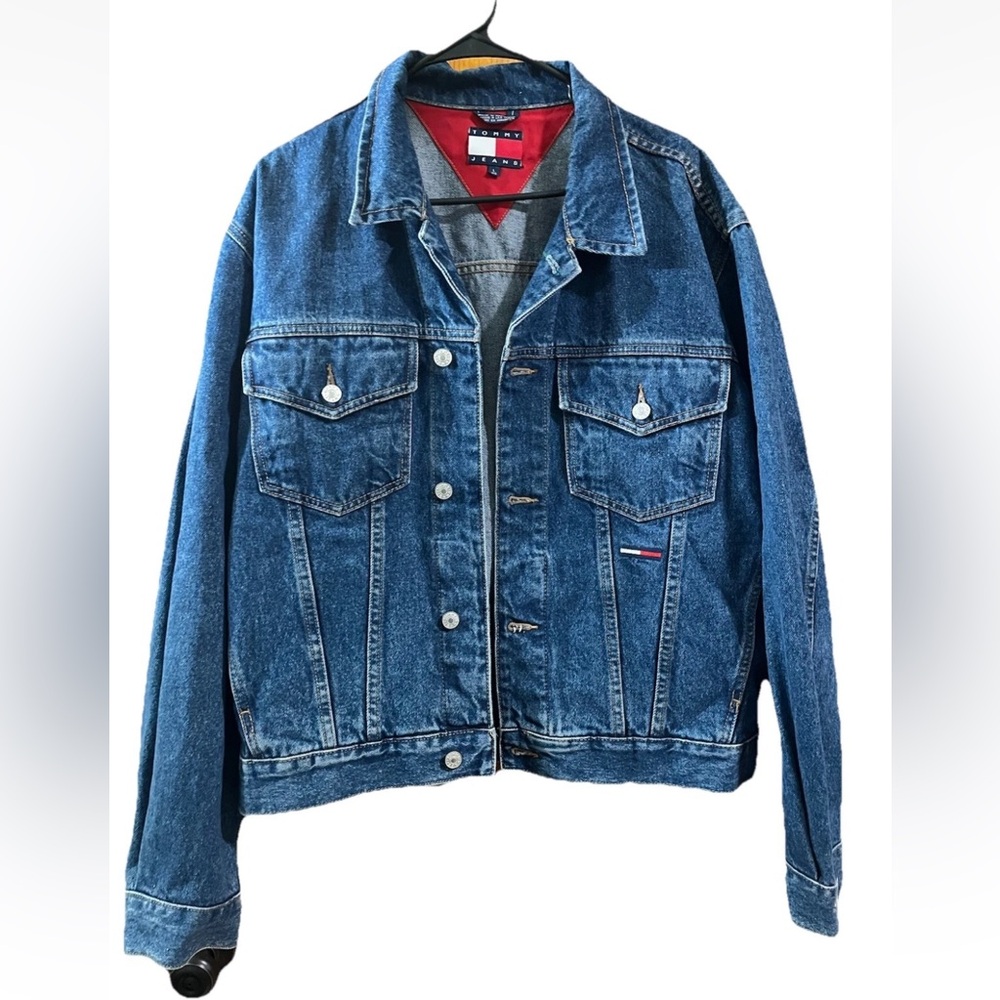 Y2K Vintage 90's Tommy Hilfiger Denim Trucker Jacket Size L Logo Button
